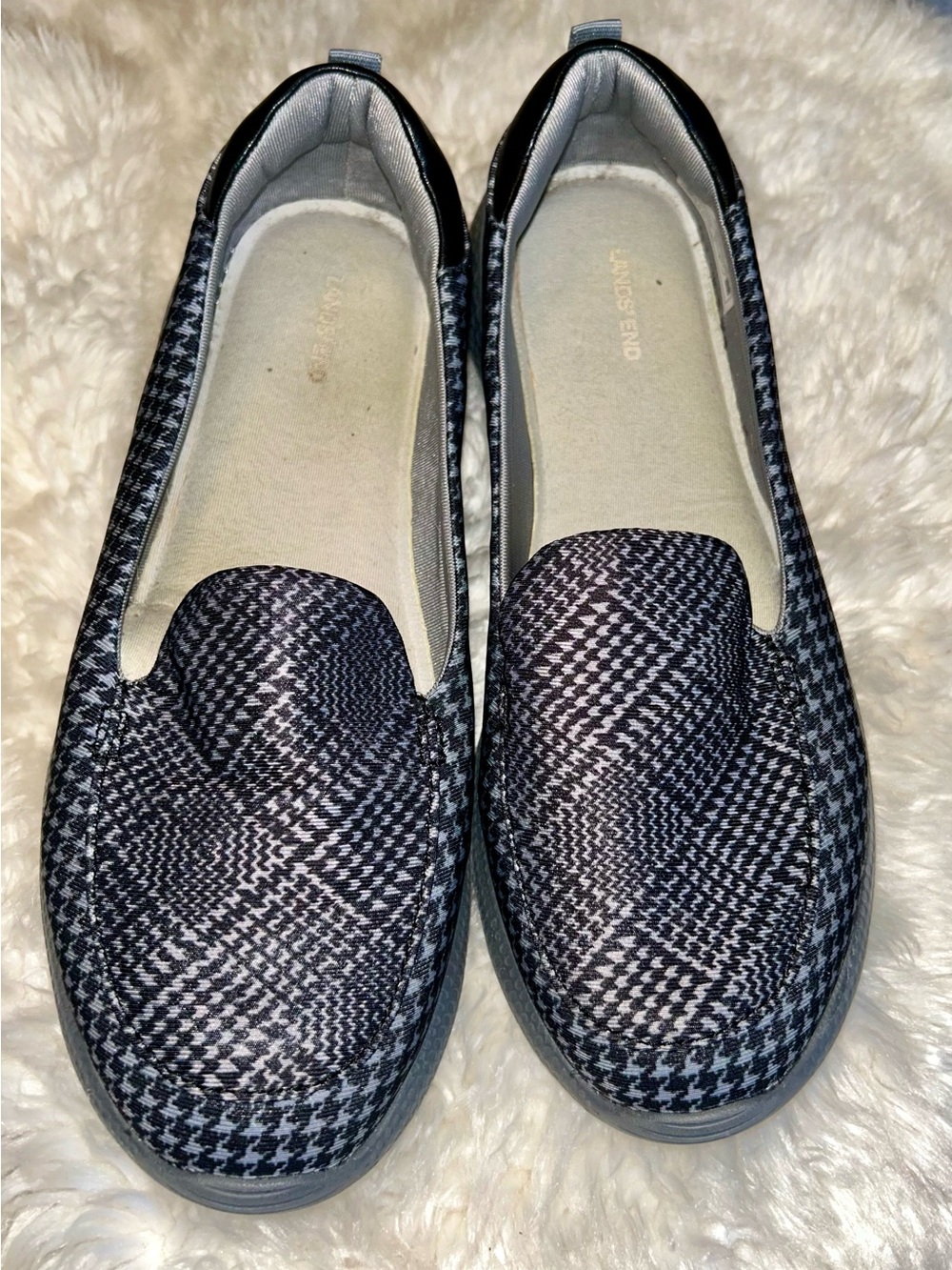 Lands End Slip-On Houndstooth Loafers - Black & White